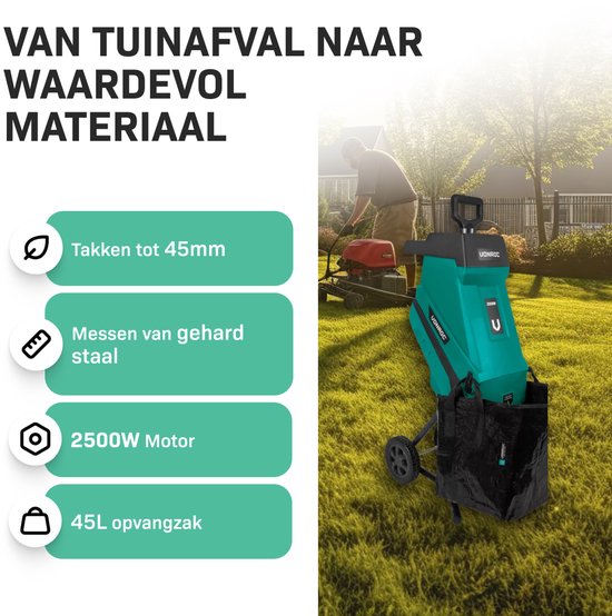 VONROC Hakselaar/Shredder 2500W – Voor takken tot Ø45mm – Incl. 45L opvangzak & duwstok