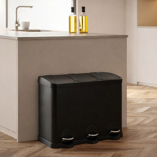Bayt Prullenbak - Pedaalemmer 45 Liter -Prullenbak 45 Liter - Vuilnisbak 45 Liter - Prullenbak Afvalscheiding - Prullenbak 3 vakken - 3x15 Liter- Afvalbak- RVS - Zwart