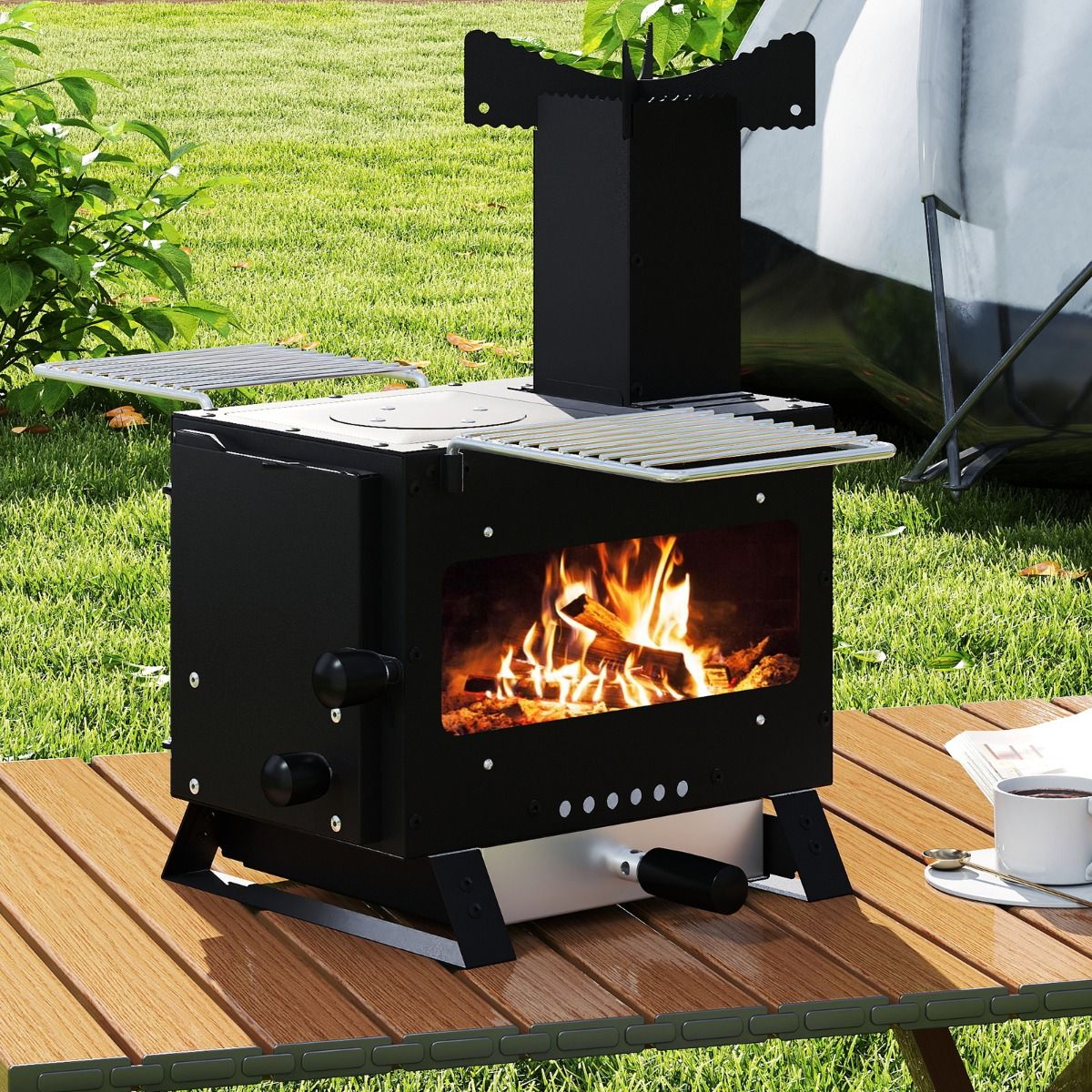 Coast Campingoven - houtgestookte buitenoven - met ovenpan en 2 grillroosters - zwart 54 x 36 x 44 cm