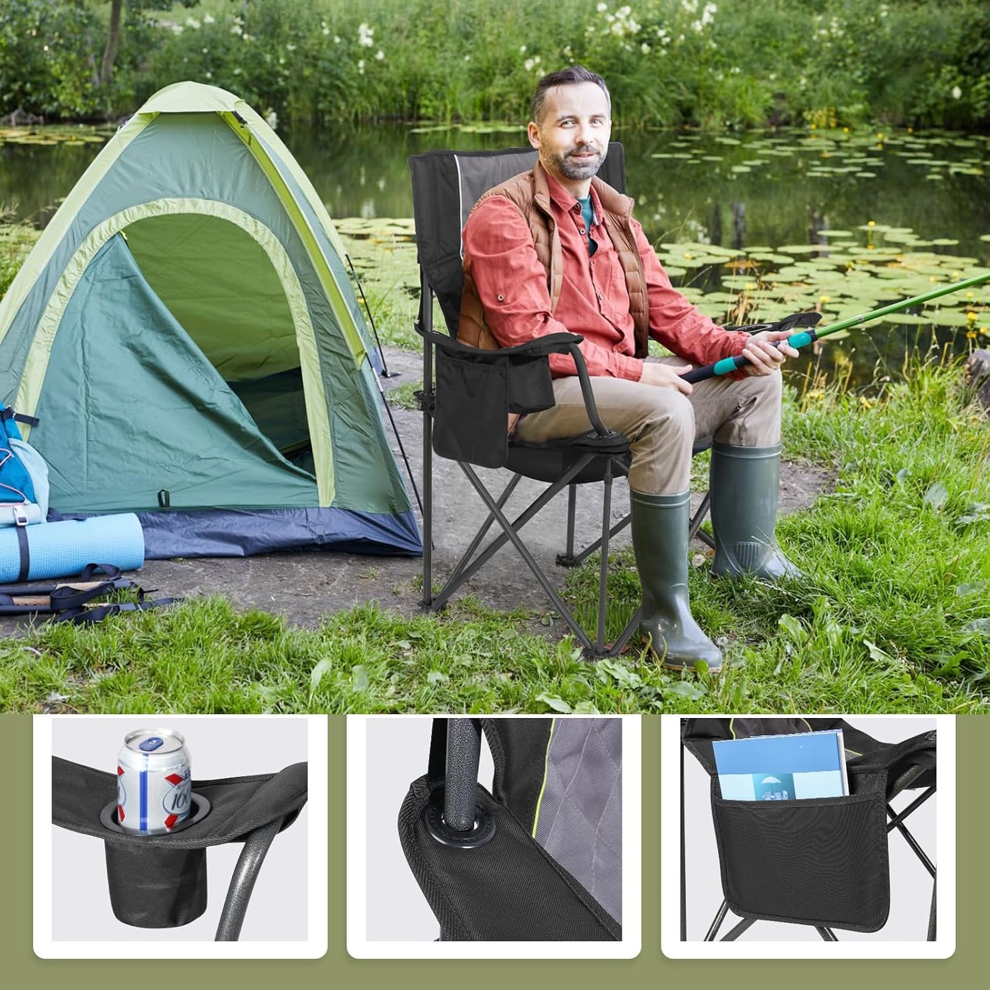 Join Nature Opvouwbare Campingstoel - Zwart - 56 x 94 x 97 cm - Belastbaar tot 227 kg