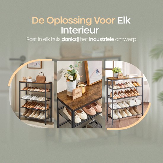 O'DADDY® Schoenenrek - 5 Laags - Schoenen Opbergsysteem - Schoenrek - Schoenenkast - Schoenkast - Industrieel Design - Bruin Hout - Zwart Metaal