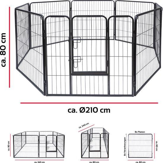 maxxpro Puppyren Opvouwbaar - Hondenren, Konijnenren en Kattenren - Ren met 8 Panelen - Hondenkennel 210x80cm - Montage Kennel zonder Gereedschap - Zwart