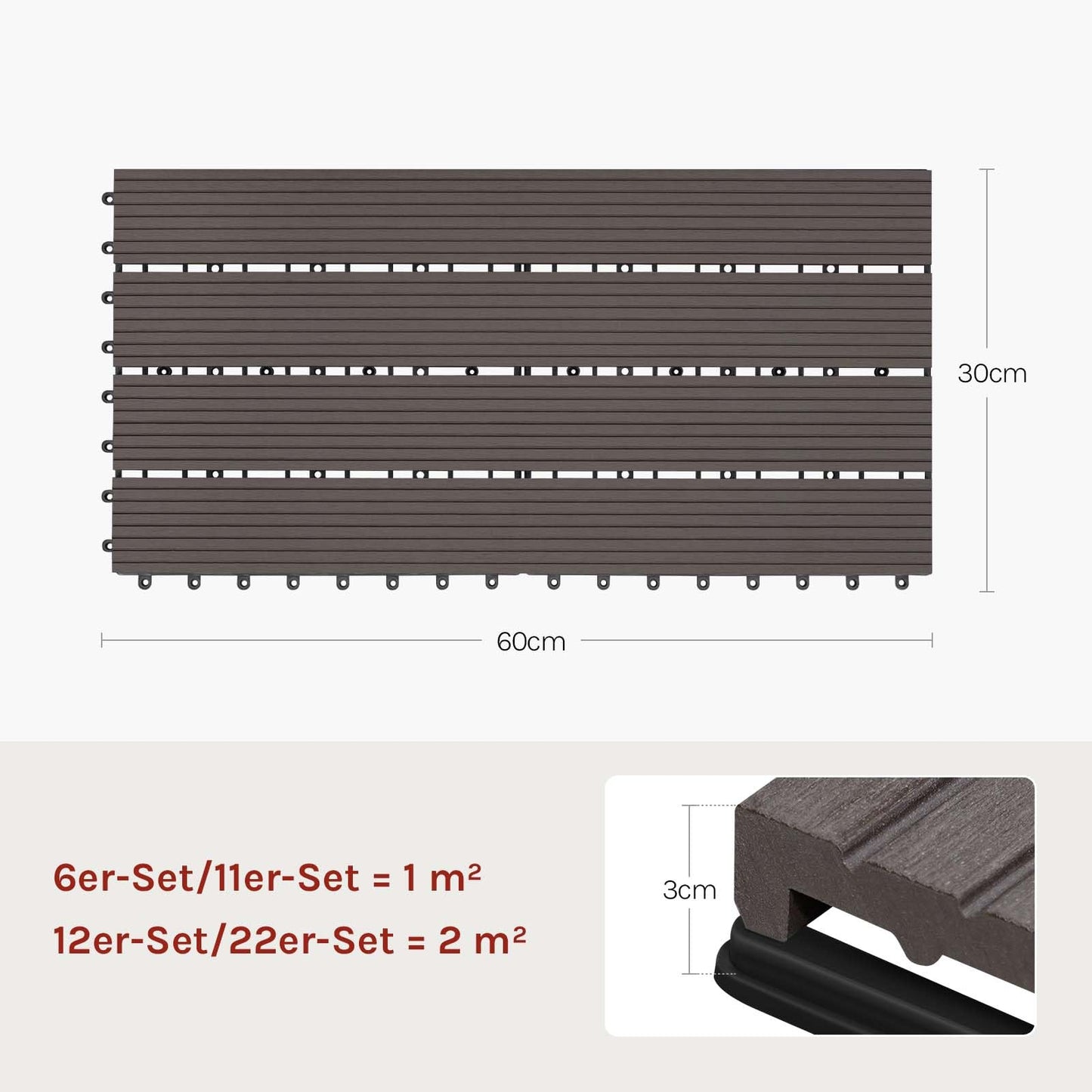 WOLTU WPC terrastegels - houtlook - klik systeem - 30 x 60 cm - koffiebruin - 12 stuks 2 m2