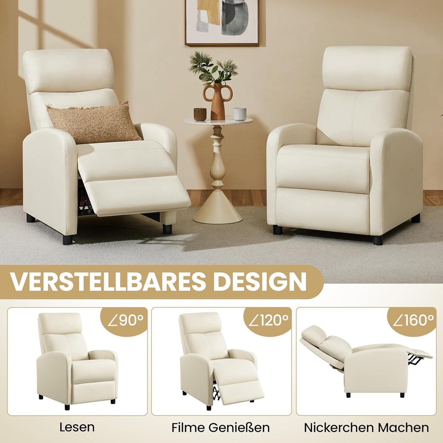 Yaheetech Relaxstoel XL - Verstelbare Ligstoel met Voetensteun - Kunstleer Beige - 87 x 61,5 x 99 cm