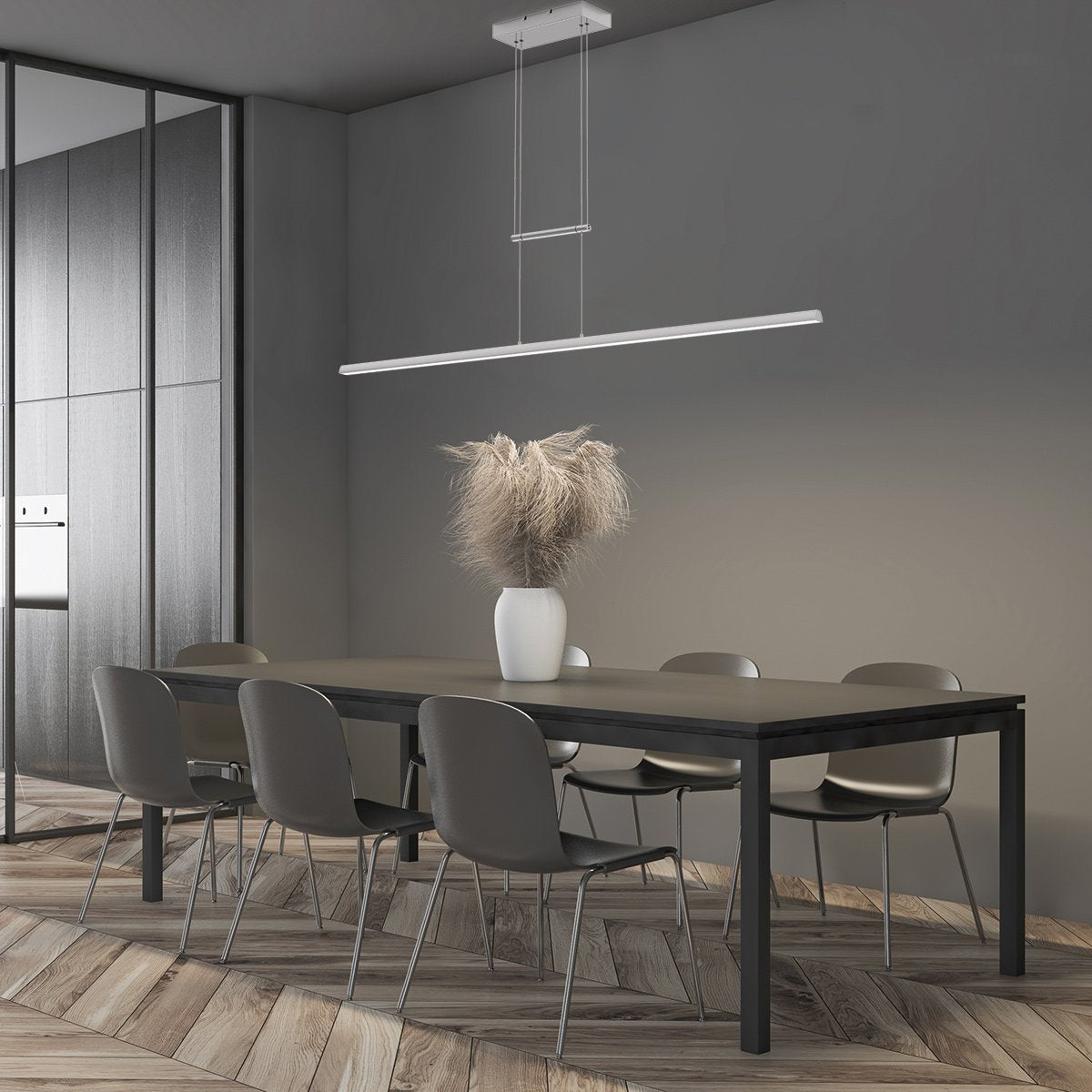 Hanglamp Profilo 3318ST van Steinhauer van staal, 150 cm breed, hoogte instelbaar van 110 tot 170 cm, 2100 lumen, modern design voor binnengebruik