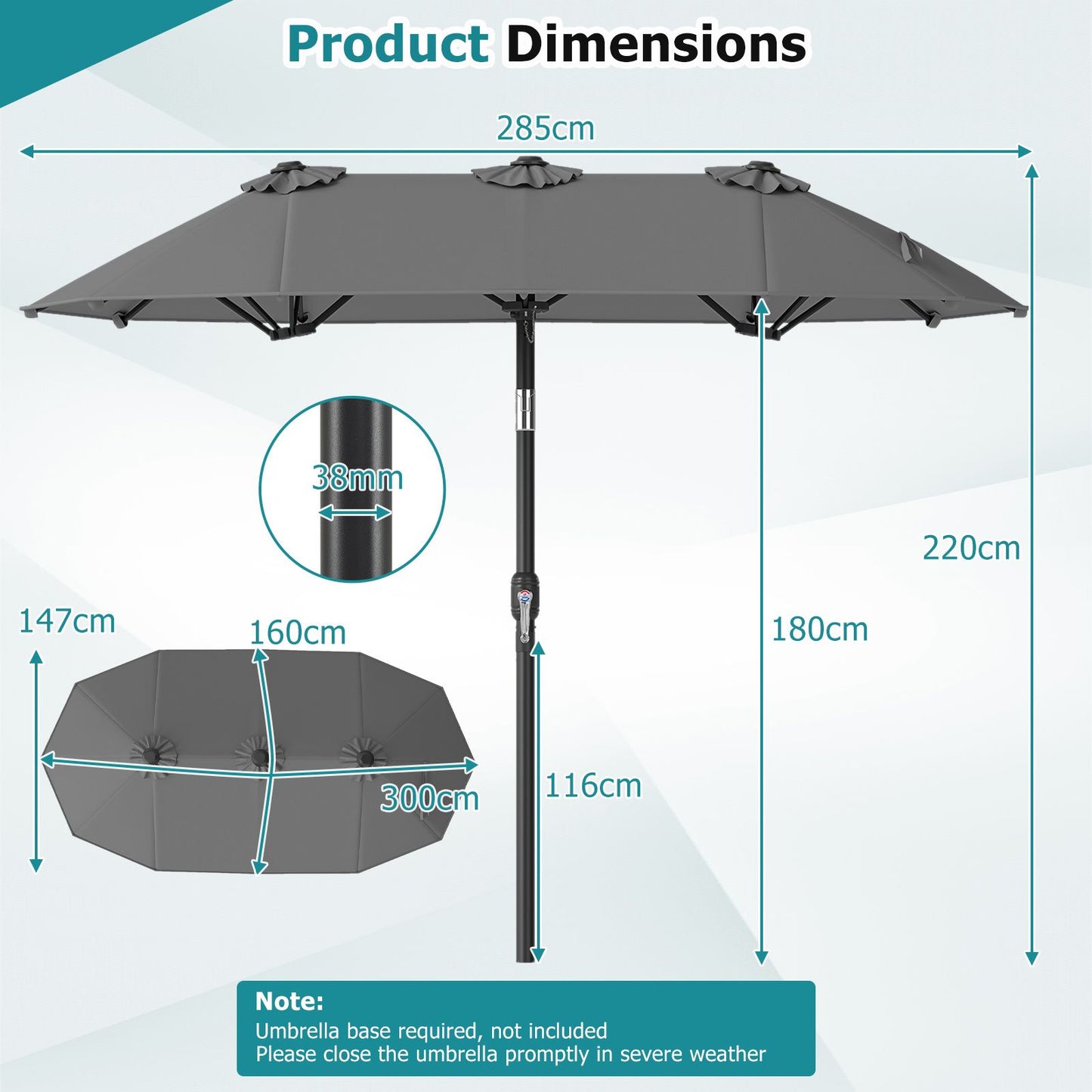 Coast Dubbele Parasol 300 x 160 cm - Rechthoekig - Kantelbaar - Grijs