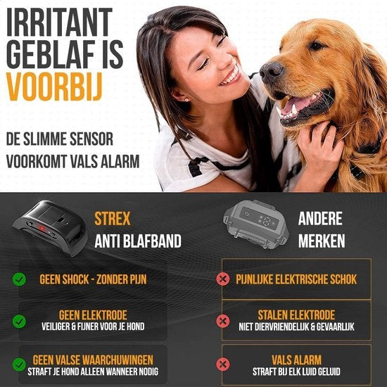 Strex Anti Blafband voor Honden - 3-60KG - Zonder Schok - Vibratie en Audio - Anti Blaf Band