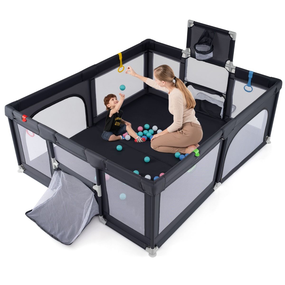 Coast babybox met basketbalring en voetbaldoel - inclusief ballen en draagtas - donkergrijs 188 x 157 cm