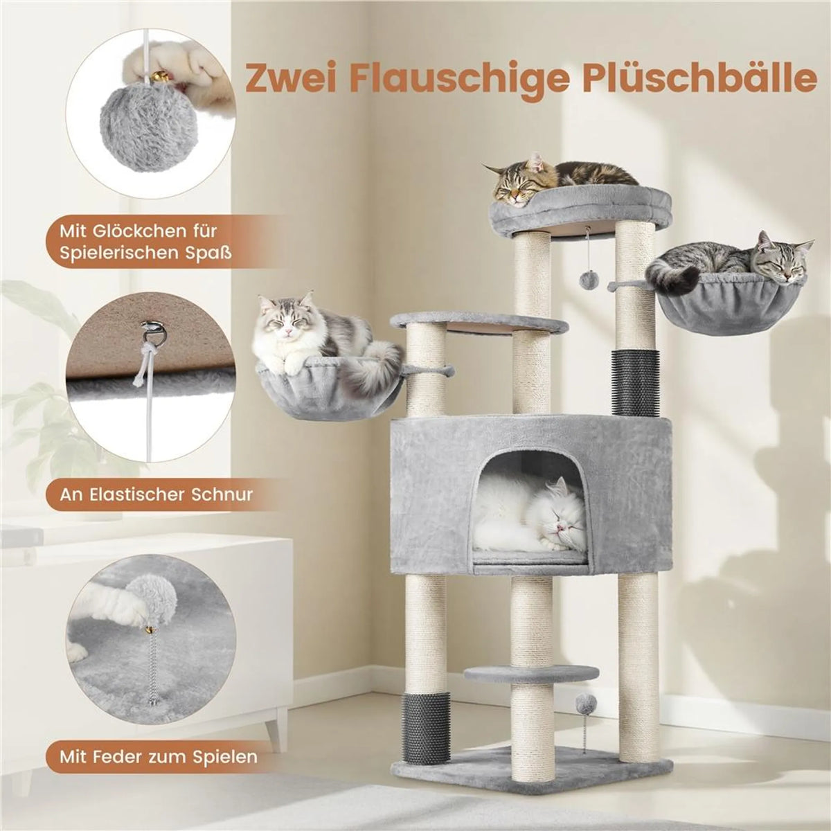 Yaheetech Krabpaal 160 cm H - ⌀11 cm Sisalstammen, Platforms & Kattenholen - Lichtgrijs & Beige