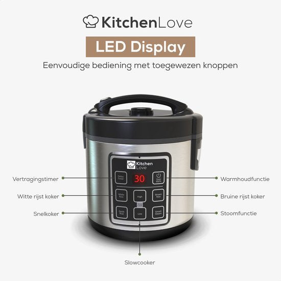 KitchenLove Rijstkoker met Stomer - 1.8L - Multicooker - Rice Cooker - Slowcooker - Zwart RVS