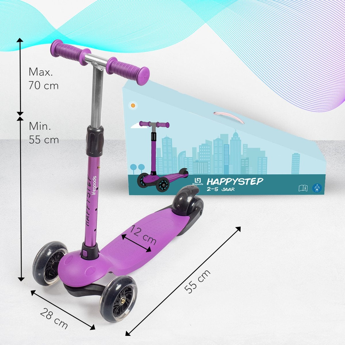 LifeGoods HappyStep - Kinderstep - Step 2-5 Jaar - 3 Lichtgevende Wielen - Jongens/Meisjes - Paars