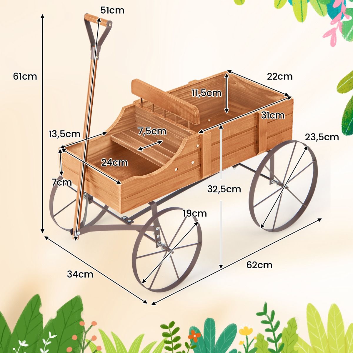 Coast Houten Plantenwagen met 2 Secties en Wielen - 62x34x61 cm - Oranje