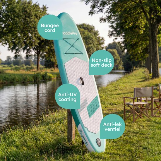 LifeGoods SUP Board Allround Compact - met Zitje - 100 KG Draagkracht - 300 x 76 cm - Opblaasbaar - Compleet SUP pakket - Mintgroen