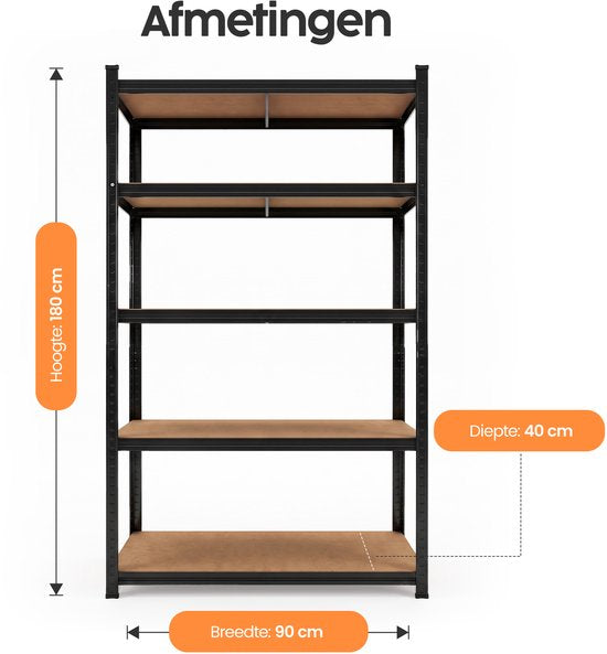 Infinity Goods Stellingkast Zwart - Set van 2 - 180x90x40 cm - Metalen Opbergrek - Voorraadkast - Magazijnstelling 5 Planken - Max. 175kg Per Plank, 875kg Totaal