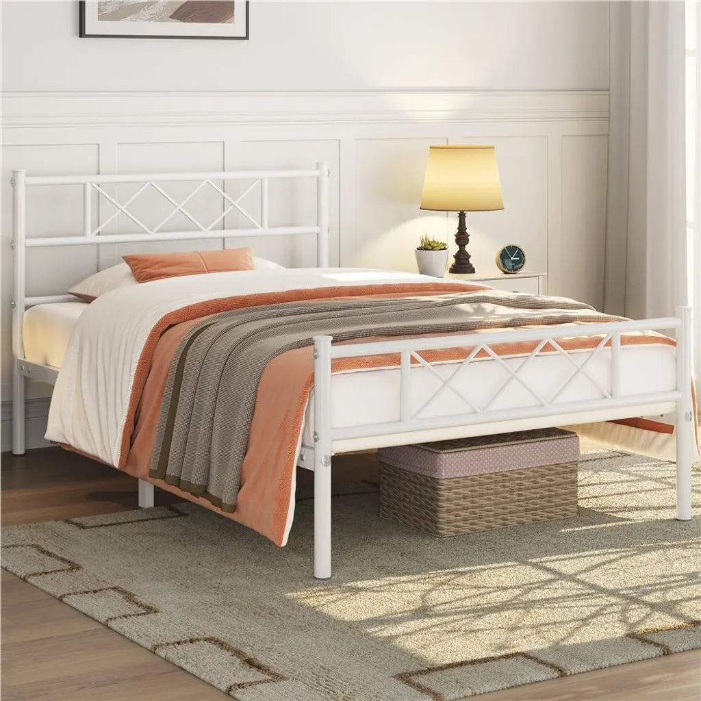 Yaheetech Bedframe 90 × 200 cm – Wit Metaal – Eenpersoonsbed met X-Design Hoofdbord, Lattenbodem en 32 cm Opbergruimte