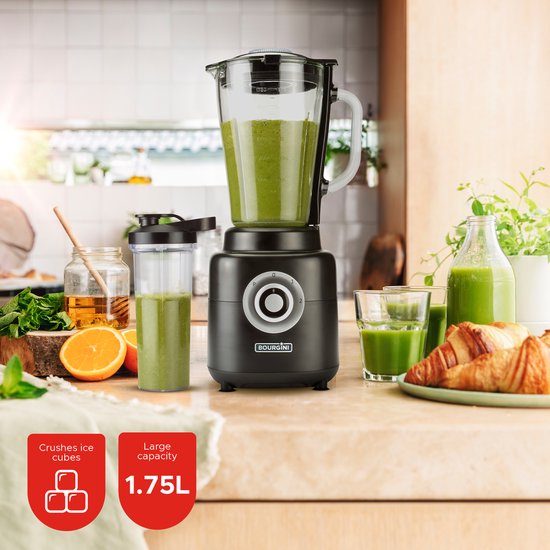Bourgini PowerBlender - 1.75L - Blender to go met 700ml beker - Blender smoothie en ijscrusher - 1000 Watt - Zwart