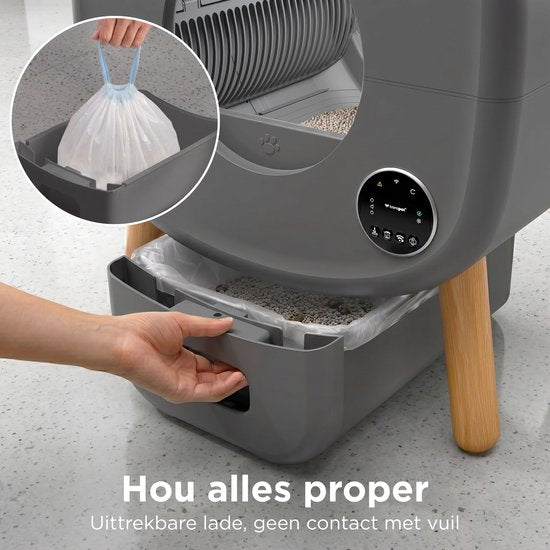 TrevoPet® Neo - Automatische Kattenbak met App - Zelfreinigende & Veiligheidssensoren - 13L Afvalbak - Incl. Kattenbakmat, 60 Zakjes & Accessoires - Grijs