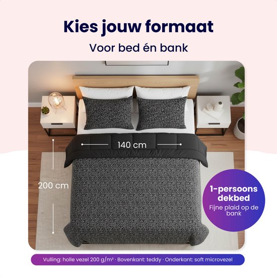 Soulsnooze Teddy Dekbed Panter Antraciet 240×220 - 2-in-1 Dekbed Zonder Overtrek - Wasbaar Dekbed zonder Hoes - Deken - Bedsprei - Fluffy Plaid