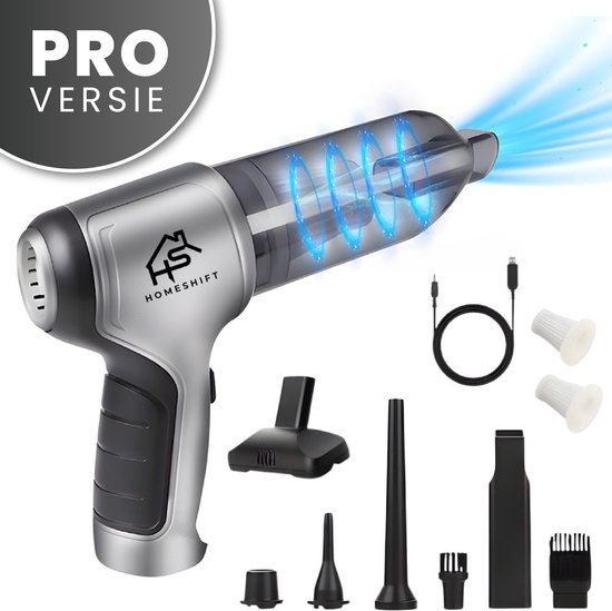 HomeShift® Auto Stofzuiger Draadloos V2 PRO - Kruimelzuiger - Handstofzuiger - Kleine Stofzuiger - Draadloze stofzuiger - Air Duster - Nat & Droog - Metallic