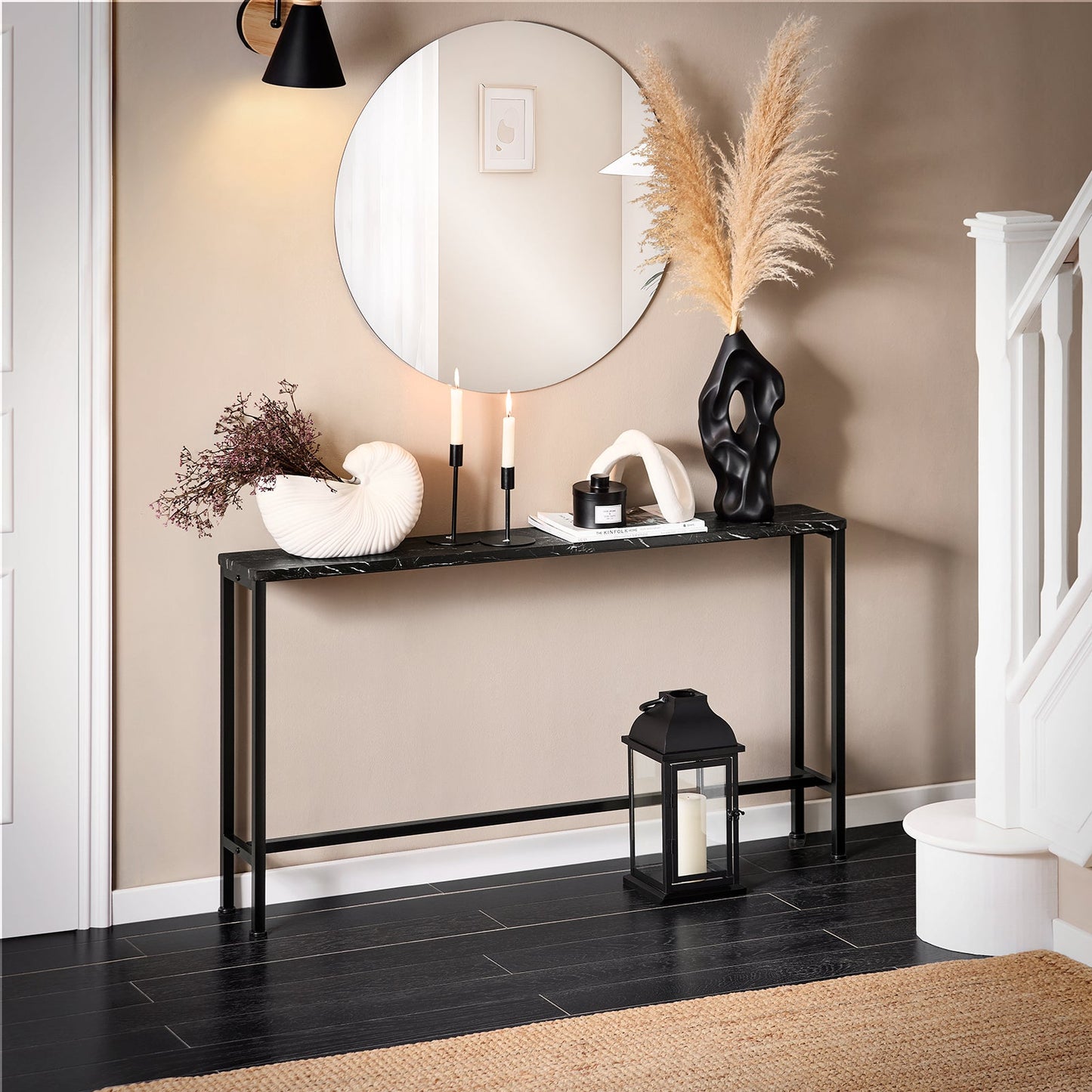 Sobuy Consoletafel FSB19 SCH Bijzettafel – 120 cm Lengte Met Marmerlook Blad En Zwart Metalen Frame En Vloerbeschermers – Voor Hal En Woonkamer – Hout En Metaal – 120 x 20 x 65 cm