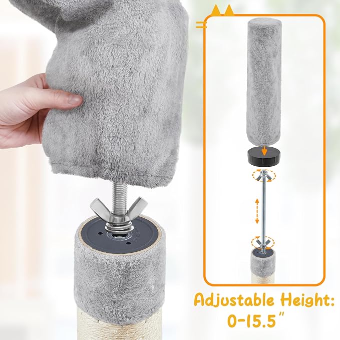Yaheetech Plafond Krabpaal 226-265,5 cm - Lichtgrijs - Verstelbare Kattenboom met Kattenhuis en 5 Niveaus