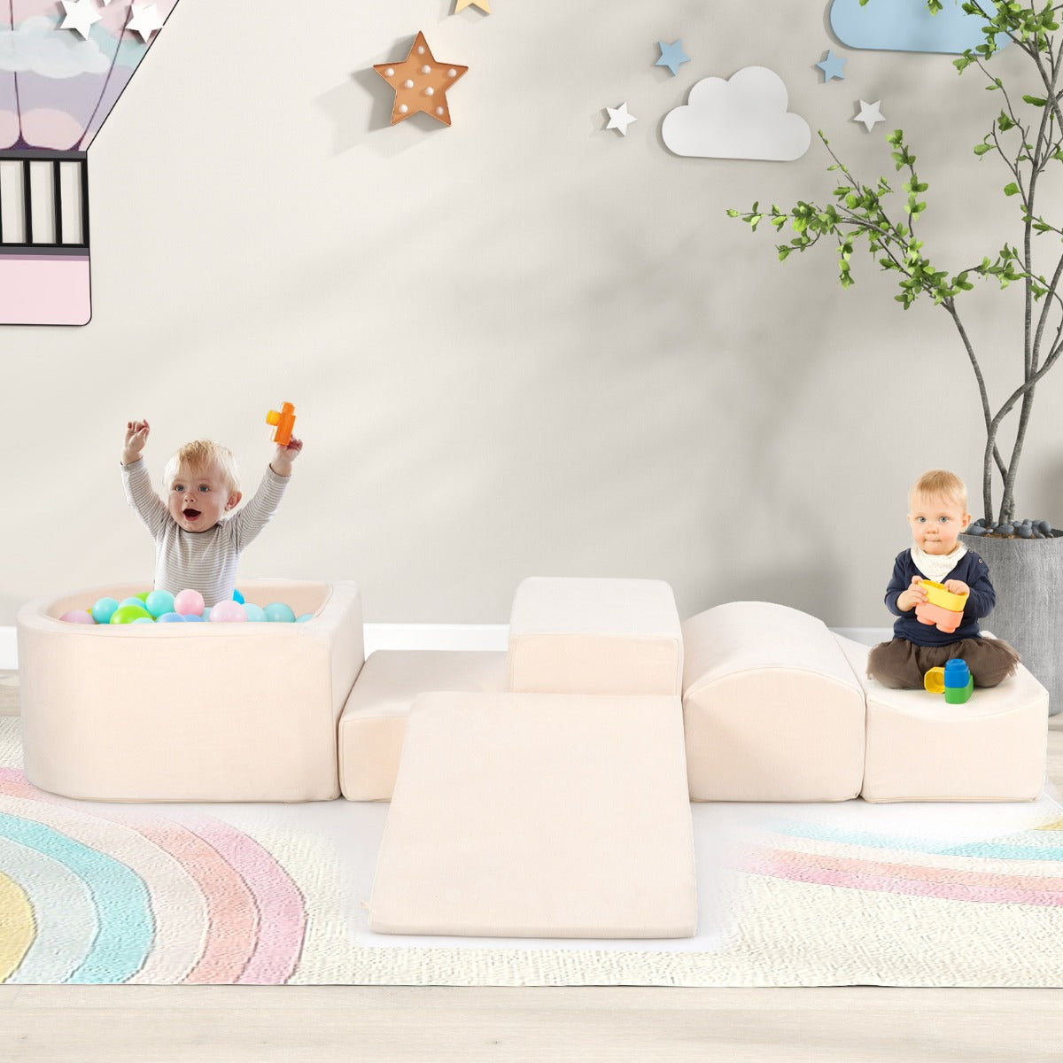 5-delige Foam Speelblokken met Ballenbad – Zachte XXL Bouwblokken voor Peuters en Kinderen – Beige – Om te Spelen, Klimmen & Bouwen