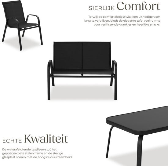 tectake® Tuinset Nora - Moderne Zitgroep voor 4 Personen - Loungeset met Tuinbank en 2 Tuinstoelen van Ademend, Waterafstotend Textileen-Weefsel - Balkonset Met Bijzettafel - Zwart