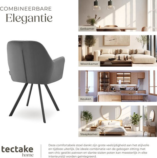 tectake® - Draaistoel in fluweellook - Eetkamerstoel met armleuningen - Ergonomische zitting en rugleuning - 180 graden draaibaar - Moderne stoel met stalen poten - Diverse kleuren - Antraciet