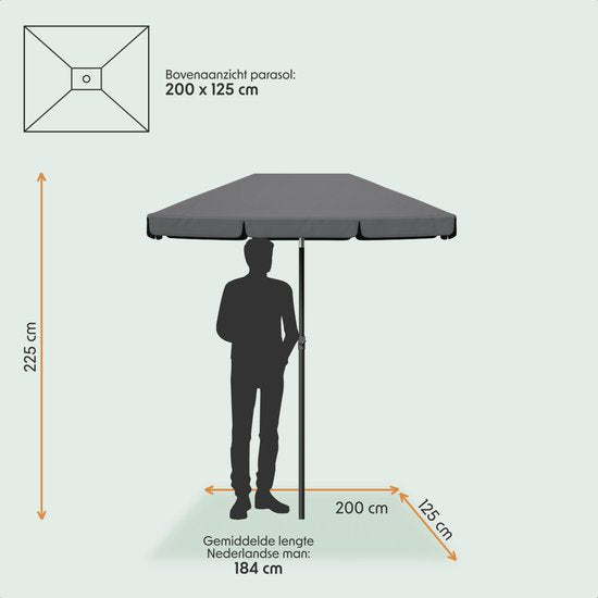 LifeGoods Parasol - Tuin - Balkonparasol - 200x125cm - 30° Kantelbaar - Waterdicht - UPF50+ - Donkergrijs