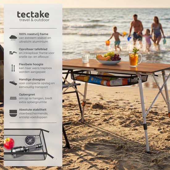 tectake® Campingtafel - 90 x 52 x 47 - 70 cm - Klaptafel van Aluminium - Oprolbaar Tafelblad - Vouwtafel - Reistafel - Tuintafel - Weerbestendig - In hoogte verstelbaar - Draagtas - Inklapbaar - Houtlook