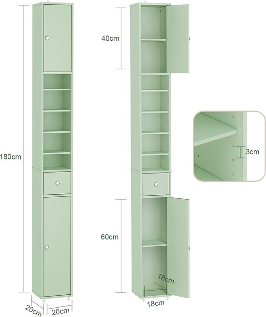 SoBuy Badkamerkasten hoog - Opbergkast met Verstelbare Planken en Lade - Kolomkast Badkamer - 20x180x20cm, Lichtgroen, BZR34-II-GR - voor Badkamer, Woonkamer, Slaapkamer
