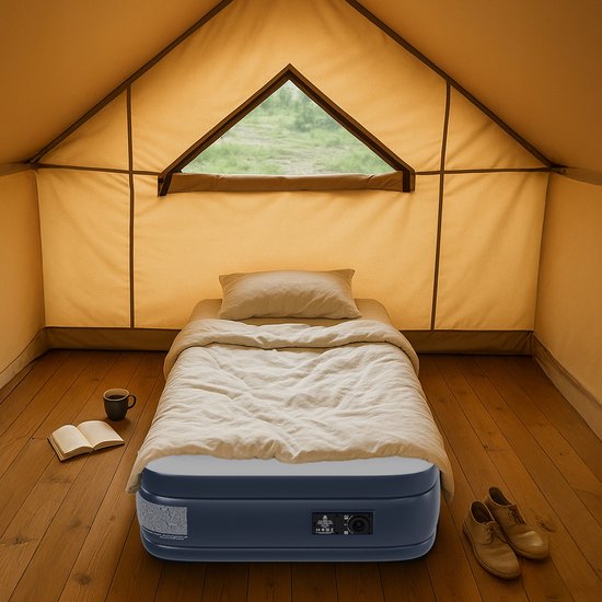 LifeGoods Luchtbed - 1 Persoons - Luchtmatras met Ingebouwde Pomp en Kussen - Opblaasbed - Incl. Draagtas en Reparatiekit - 196x96x47cm - Blauw/Wit