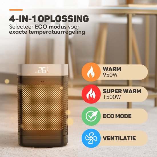 Vulpes Goods® Tech - Elektrische Kachel met Afstandsbediening - Ventilatorkachel - Keramische Kachel - 4 Standen - 1500W - Roterend, Timer & Thermostaat - Heater - Elektrische Verwarming voor Binnen - Zwart
