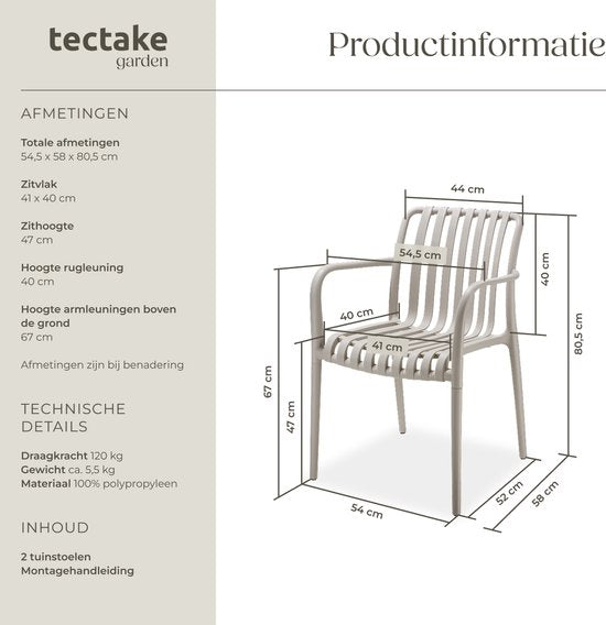 tectake® Set van 2 Tuinstoelen Alcudia - Taupe - Kunststof Stoelen met Armleuning - Tuinset voor om de Tuintafel of op de Camping Stapelbaar - Stoelen voor Tuin, Terras of Balkon - Weerbestendig en UV-bestendig - Draagkracht 120kg per Tuinstoel