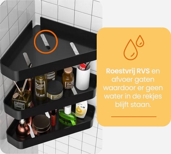 Goliving Doucherek 2 laags - Doucherek zonder boren - Doucherekje hoek - Douchemandje - Badkamerrek - Badkamer accessoires - Zwart