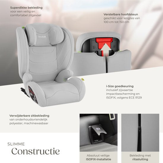 tectake® Kinderautostoeltje i-Size Goedgekeurd - ISOFIX Autostoel tot 36 kg - Veiligheid en Comfort voor Kinderen- YB805A - lichtgrijs