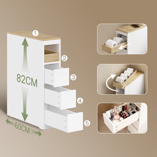 SoBuy Toiletkast 20 cm, badkamerkast met 3 laden, kleine toiletpapierkast, mobiele plank voor badkamer, toilet en keuken, wit, 60 x 20 x 82,3 cm