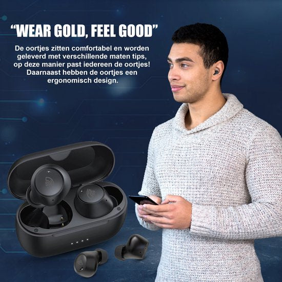 Draadloze Oordopjes met Noise Cancelling – 40u Batterij – Bluetooth Earbuds – Comfort Fit – Golden Sound Buds Pro