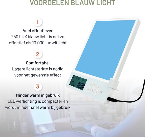 LIROMA® Daglichtlamp - Blauw en Wit licht - 10.000 LUX - Timer - Lichttherapie - Bureaulamp