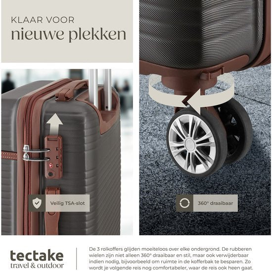tectake® Kofferset - 13-delige Reisset - Koffers - Koffer set - Bagageset Inclusief Handbagage Koffer, Ruimbagage Koffer Groot, Reistas, Toilettas, Accessoiretas - Trolley met TSA slot - Antraciet