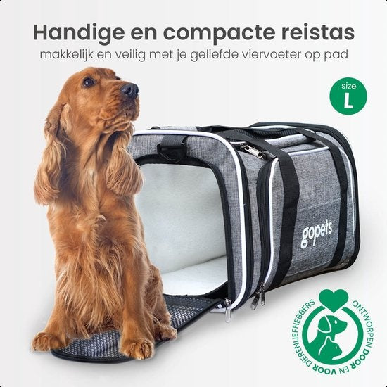 Gopets Draagtas Hond en Kat – Hondentas – Reistas – Kattentas – Geschikt Voor Vliegtuig – Tot 9,5KG – Grijs – 46 x 28 x 28 cm – L