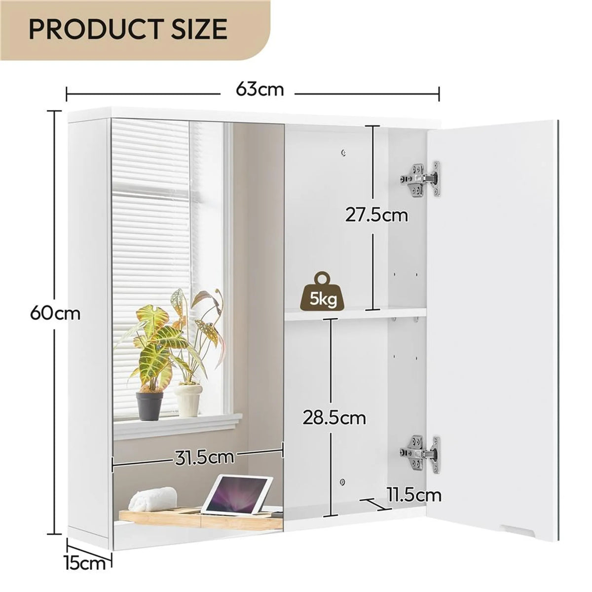 Yaheetech Stijlvolle Spiegelkast voor de Badkamer 63x15x60 cm – Fris Wit – MDF en Glas