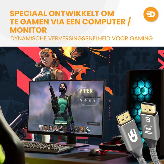Drivv. DisplayPort Kabel 2.1 - 16K 60Hz - 8K 120Hz - 4K 144Hz - 80Gbps - DisplayPort naar DisplayPort - DP Kabel - 3 meter - Grijs
