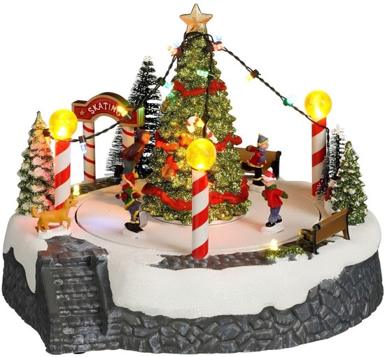 Luville Kerstdorp Kerstboomscène met Schaatsbaan - Kerstversiering met Bewegende Figuren en LED-verlichting - Guirlande op Batterijen - Kerstslingers voor Binnen - 22 x 22 x 18,5 cm - Wit