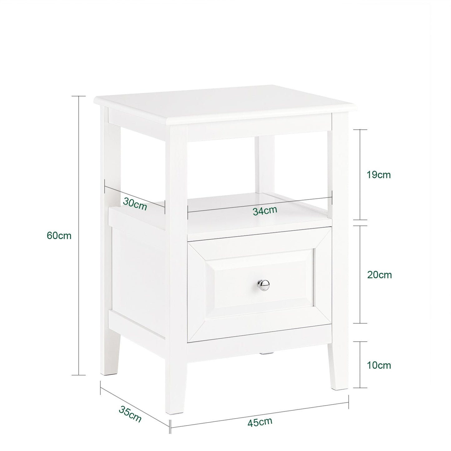 SoBuy Bijzettafel – Met Deur & Lade – max. 50 kg – 45 x 35 x 60 cm – Wit