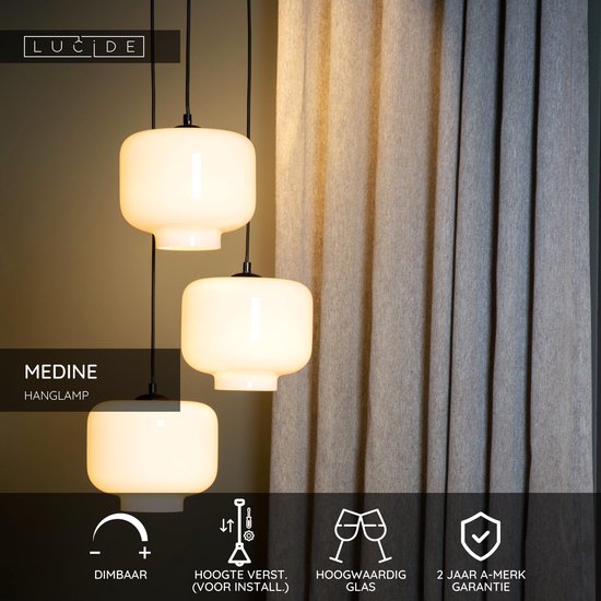 Lucide MEDINE - Hanglamp - Ø 46 cm - 3xE27 - Opaal