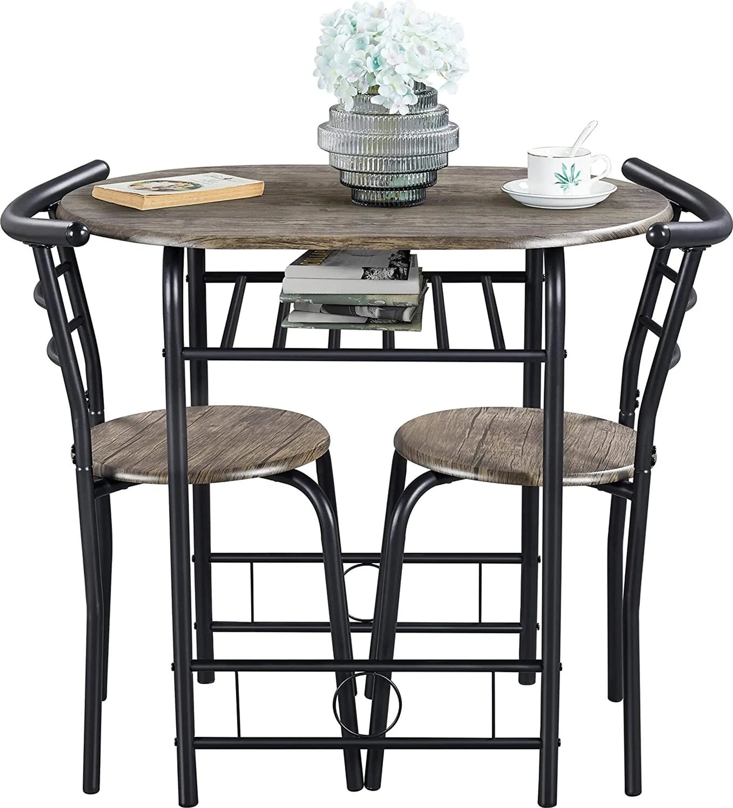 Yaheetech Eethoek Set Van 3 – Voorzien Van Tafel Met 2 Stoelen En Verstelbare Opbergplank En Waterafstotende Coating – Voor Keuken En Eetkamer – Drijfhoutbruin Metaal En MDF – 80 x 53 x 73,5 cm