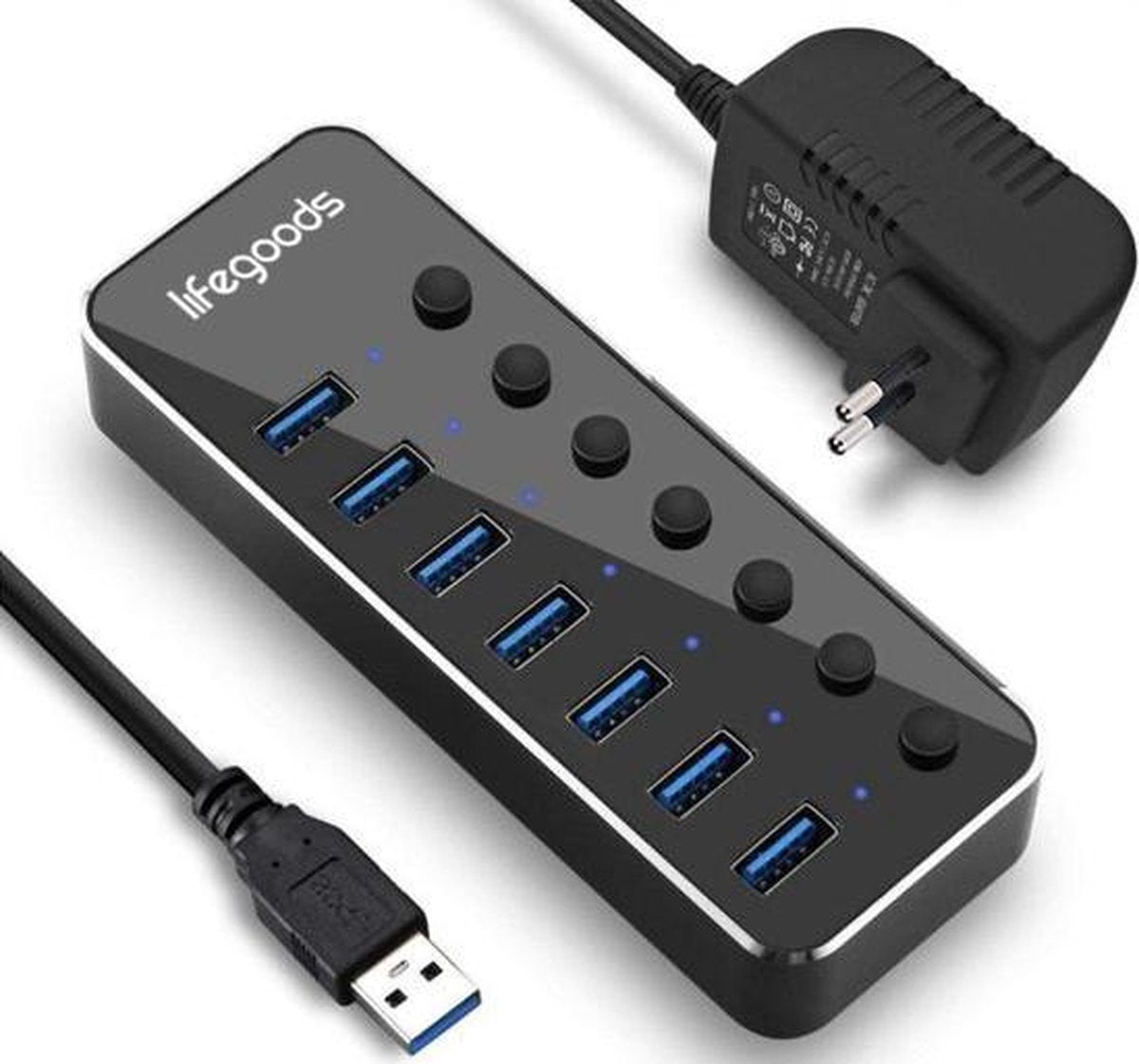Auronic USB Hub 3.0 - USB Splitter met 7 Poorten - met Voeding - 5 GBPs - Led Indicatie - Zwart