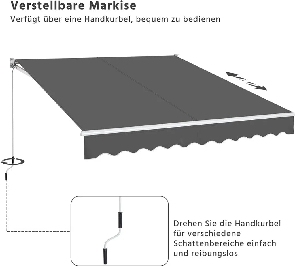 Yaheetech Knikarmscherm 300 × 250 cm – Donkergrijs – Handmatig Zonnescherm met Zwengel en Verstelbare Hoek 5–35°