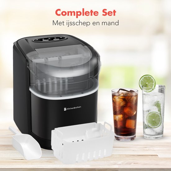 KitchenBrothers IJsblokjesmachine - 1.6L - 8 min. - 12kg/24u - Zelfreinigingsfunctie - IJsblokmaker met IJsschep - Zwart